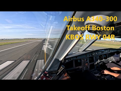 Cockpit view - Airbus A340-300 takeoff at Boston Logan airport KBOS 04R - 4K