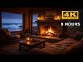 Cozy Fireplace by the Ocean 🌊🔥 | Rain & Waves Sounds | 8 Hours 4K Ultra HD Relaxing Ambience