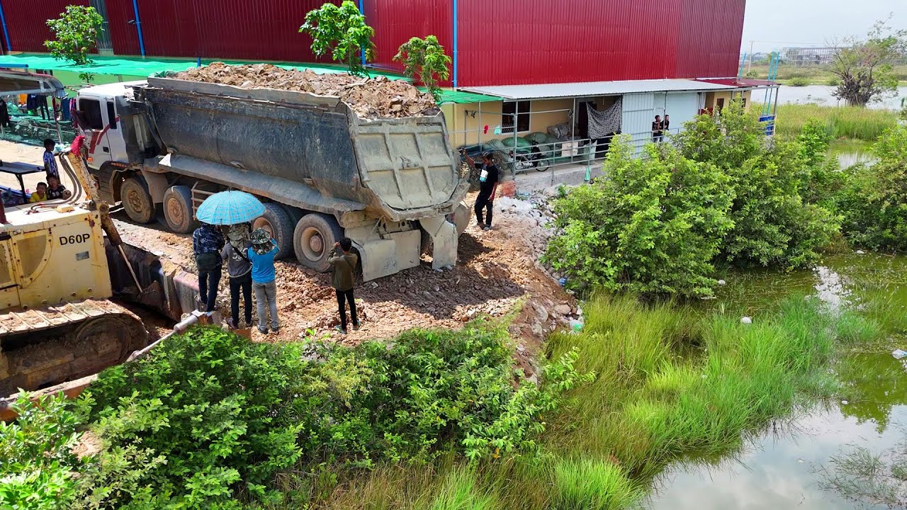 Full Video! Keep Watch Start Processing Landfill! By Dump Truck 25.5Ton& Skill Dozer Push Stone SOIL