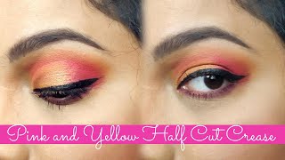 Pink Yellow Cut Crease Eye Look tutorial With Affordable Eyeshadow Pallete ||  Janmashtami Special