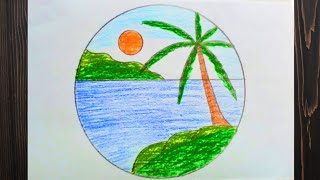 Easy and beautiful sunset scenery drawing || Sunset scenery drawing