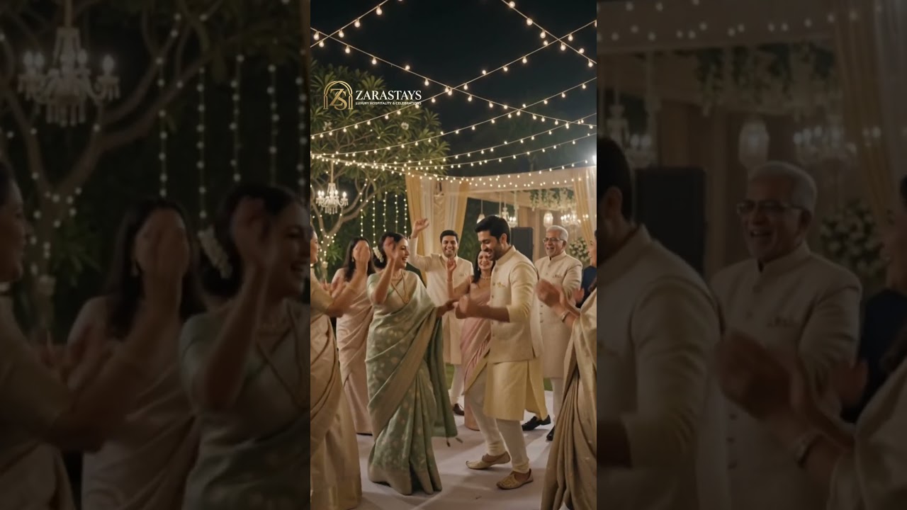Video preview: Wedding guests dancing beneath outdoor string lights