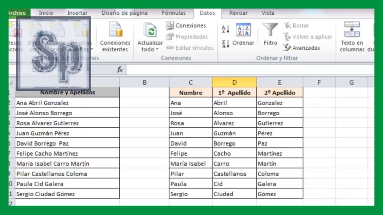 Como separar nombre y apellidos en excel