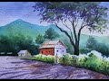 Mountain Village Scenery Painting With Watercolor | Beautiful Mountain Village Scenery Painting