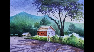 Mountain Village Scenery Painting With Watercolor | Beautiful Mountain Village Scenery Painting