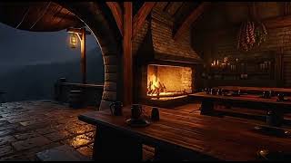 Peaceful Tavern Rain &amp; Distant Thunder 🌧️🔥 | Cozy Medieval Fireplace Ambience (3 Hours)