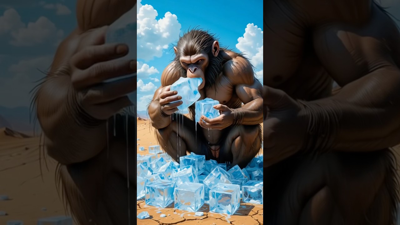 The monkey is eating ice to escape the heat 