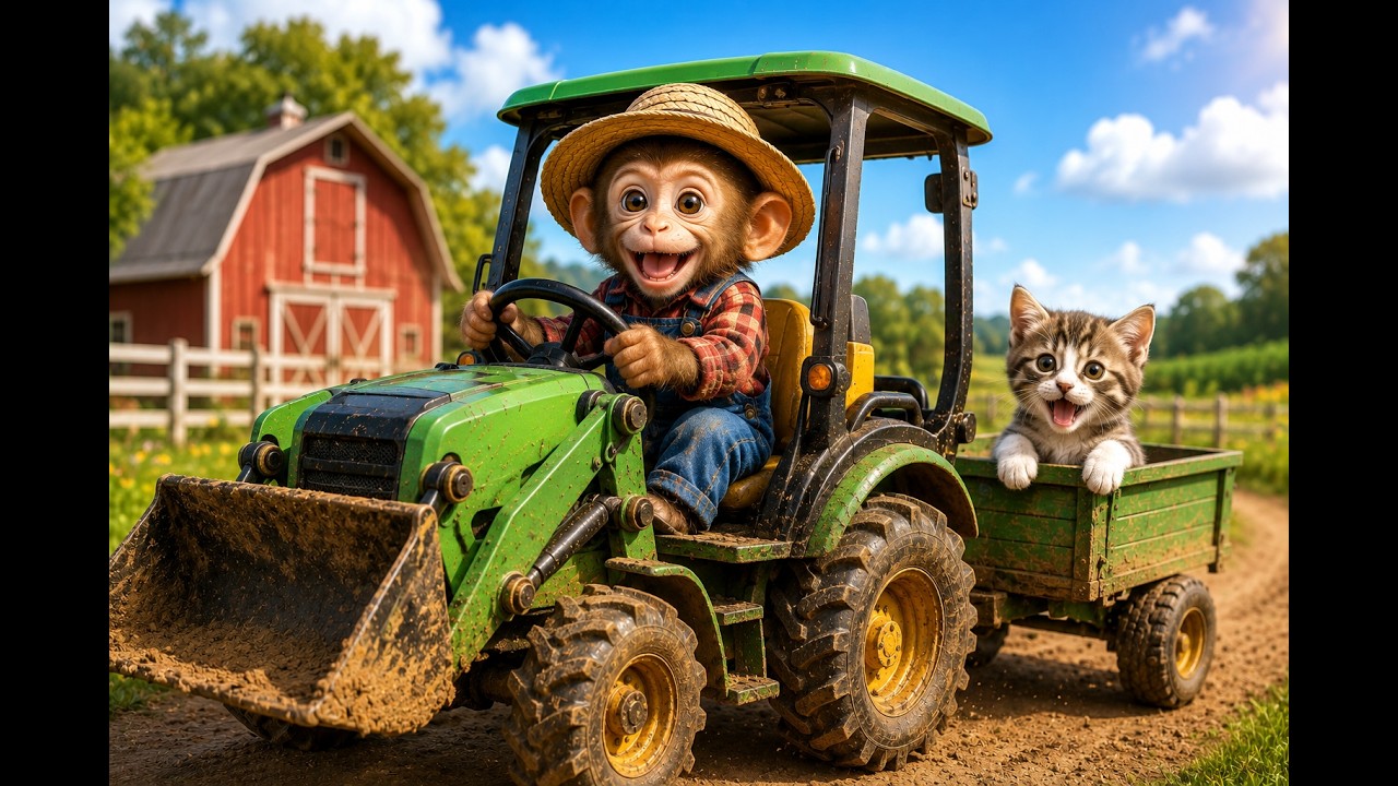 Monkey Ride Tractor Baby Monkey Drives Green JCB Tractor with Cute Kitten | Funny Farm ...