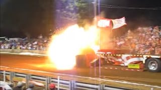 Mike Wilhite blows up alcohol tractor Blue Blazes at Tanner, Alabama Tractor Pull