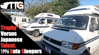 we review a VW T4 AutoSleeper trophy, V a Japanese spec Auto sleeper Talent. Both 1996 camper vans