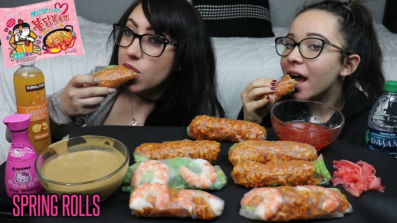 SPRING ROLLS WITH SPICY RAMEN AND SHRIMP MUKBANG | EATING SHOW