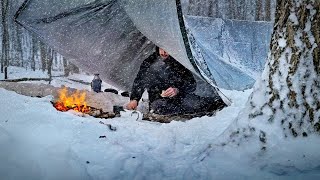 SNOW STORM Camping Overnight In a Tarp Shelter on a Mountain - Appalachians