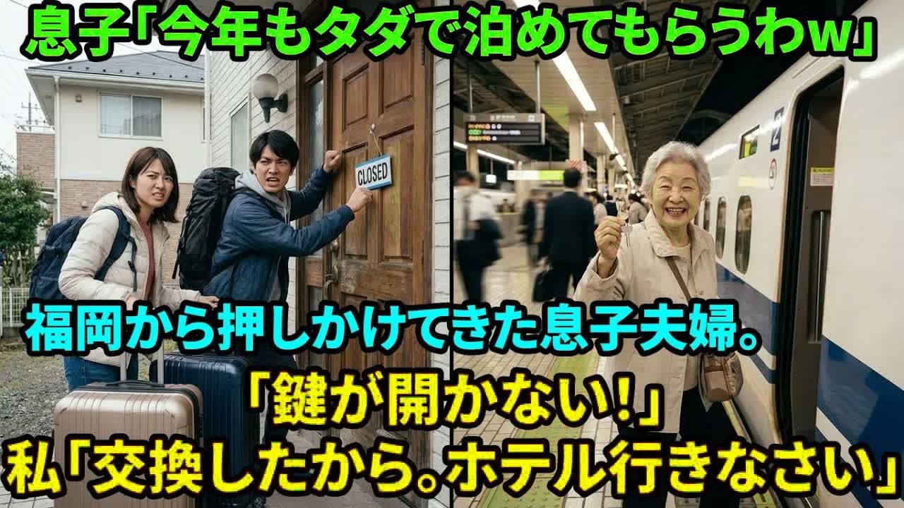 【スカッと】「実家は無料ホテルだｗ」と毎年押しかける息子夫婦。当日、私が鍵を交換して旅行に出かけた結果、閉め出された一家が路頭に迷い…w【シニアライフ】【60代以上の方へ】