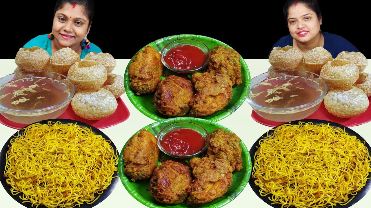 CHICKEN PAKORA PANIPURI FUCHKA CHOWMEIN NOODLES EATING CHALLENGE // food family & more
