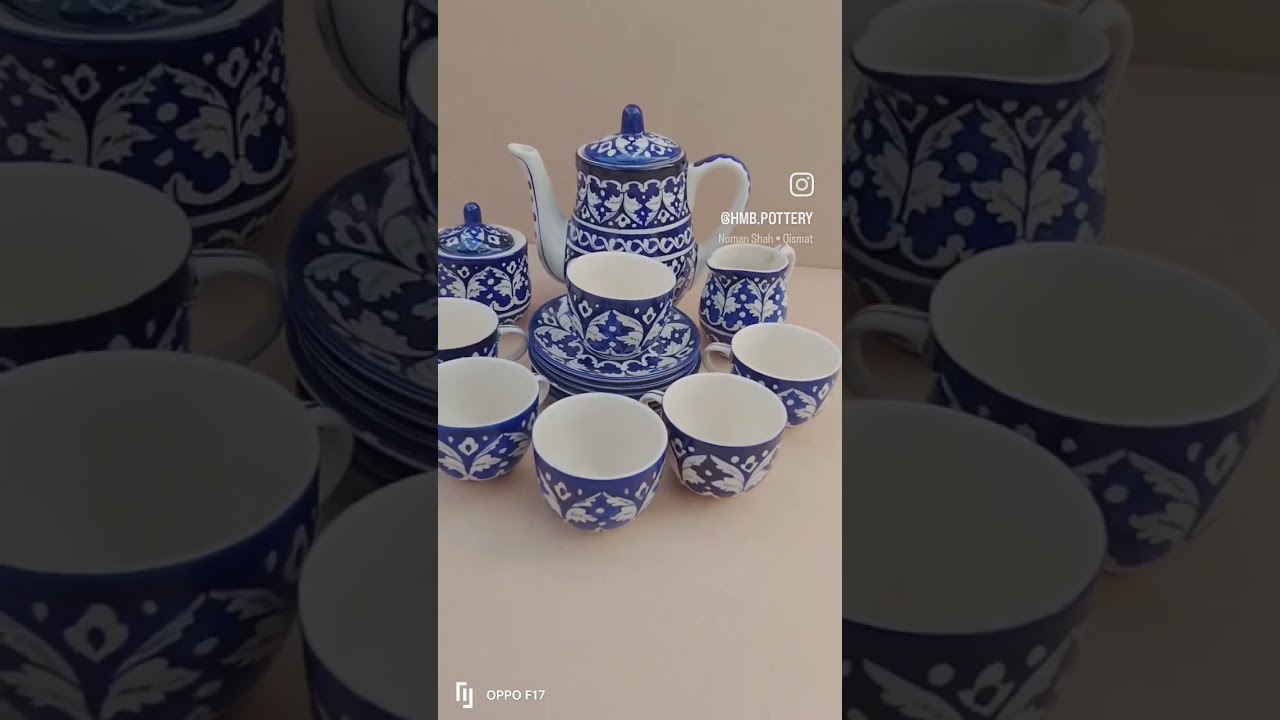 Tea Set Ghori Chain Design - Handmade Multani Blue Pottery