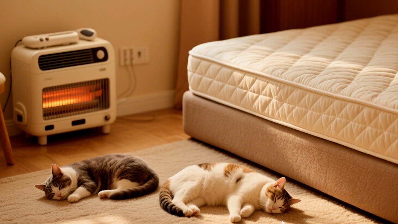 أجواء دافئة لقطة نائمة بجانب المدفأة مع بيانو هادئ