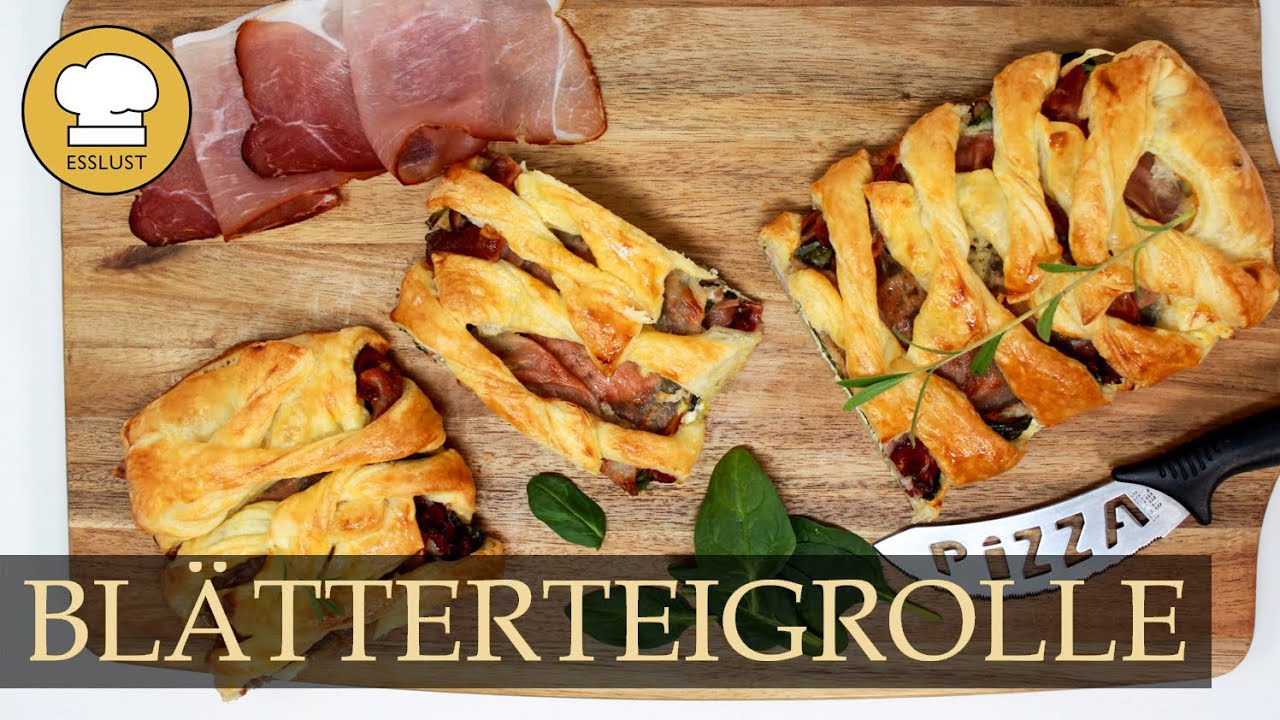 Herzhafte BLÄTTERTEIGROLLE mit Käse, Schinken und Spinat