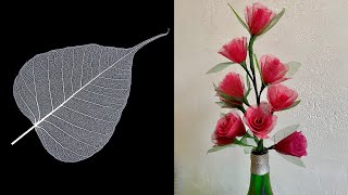 Rose flower making with skeleton leaf | Skeleton leaf craft ideas | Flower making
