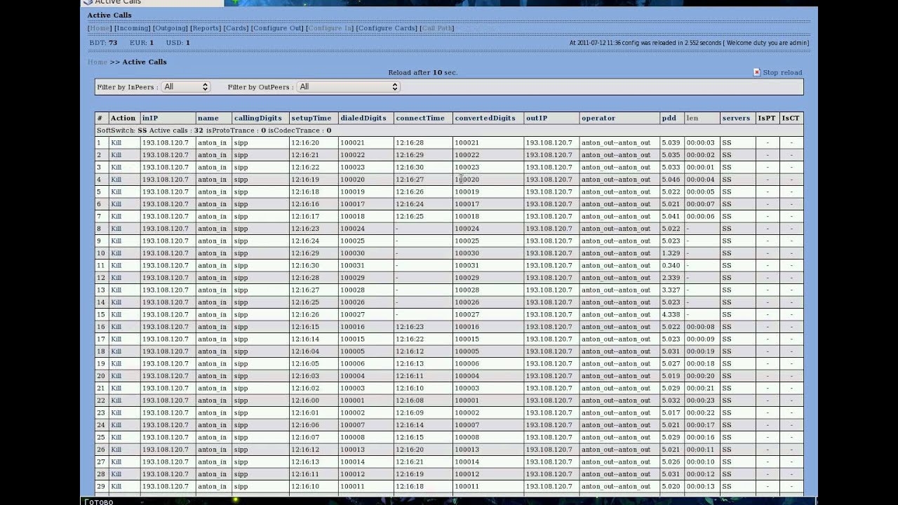 IXC Softswitch tips and tricks. Active Calls refresh time