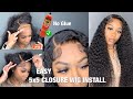 CURLY SIDE PART 5x5 CLOSURE WIG INSTALL USING EBIN LACE ADHESIVE SPRAY | West Kiss Hair