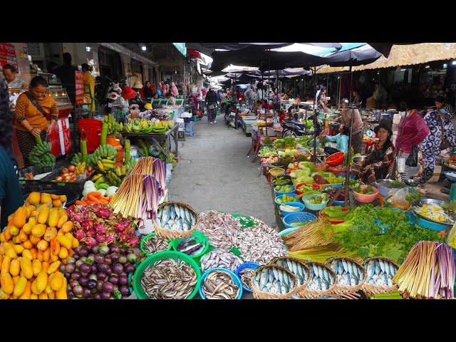 Massive food tour, Cambodian food market, breakfast, vegetables, fruits, meat & more class=