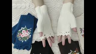 Floral Lace Fingerless Winter Gloves - Embroidered Knit Hand Warmers for Women