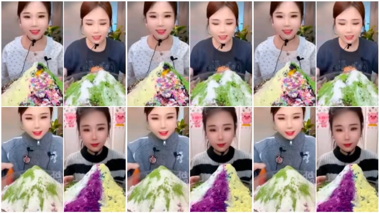 ||YY'S MOUNTAIN ICE TOPPED WITH MILK AND MATCHA POWDER EATING FROM BIG BOWLS ONLY BITES||