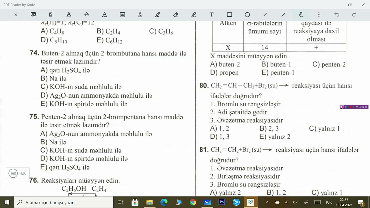 Kimya  DİM test toplusu 2019 Alkenlər 50-100