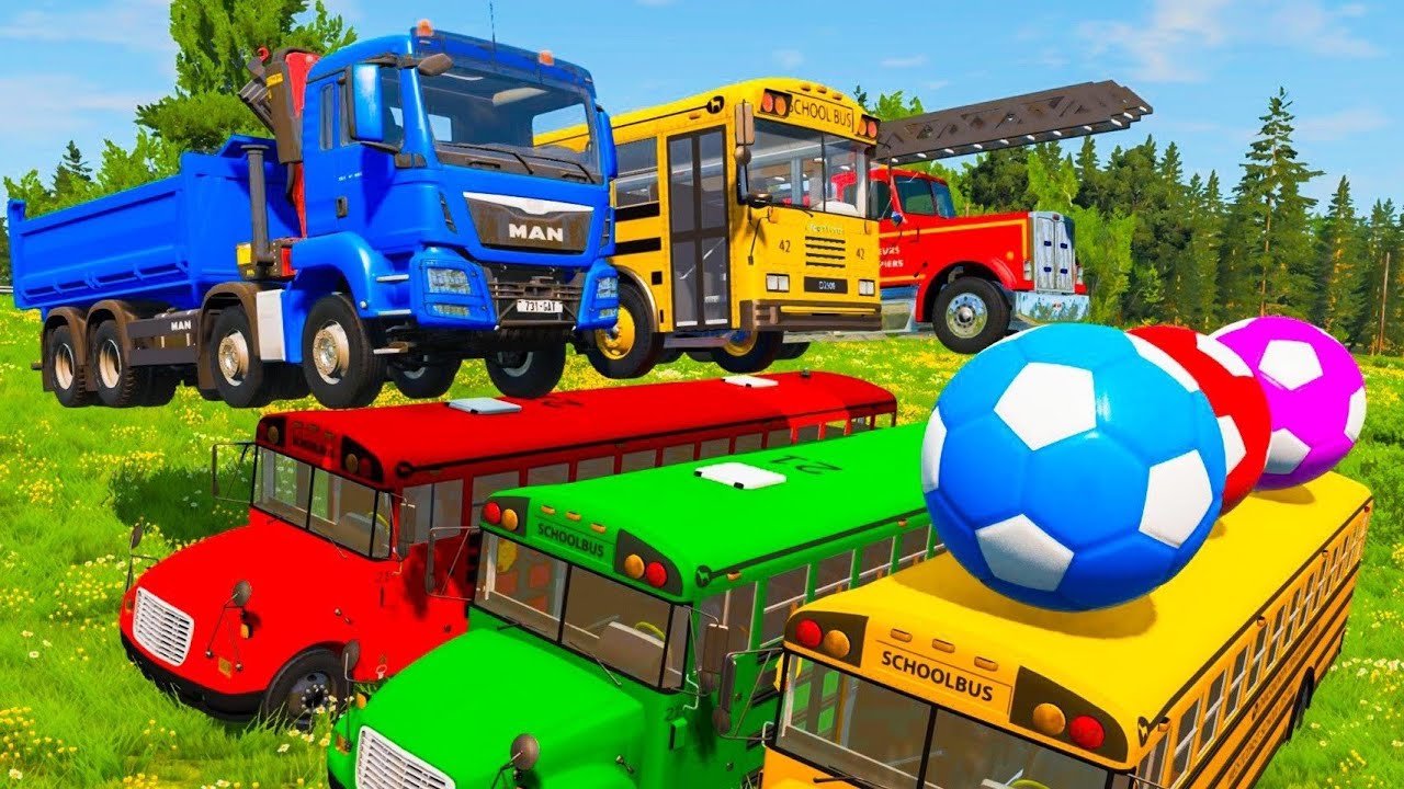Flatbed Trailer Truck Rescue Bus - Monster Truck vs Slide Colors - Cars vs Rails and Trains - BeamNG