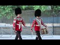 Members from the Coldstream and Irish guards Corps of drums stroll back from horse guards