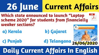 26 June Current 2020 | English MCQ's |Daily Current Affairs in English|| June 2020