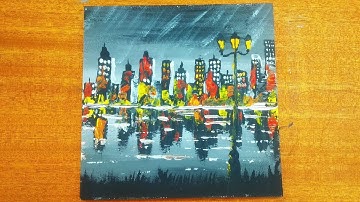 Easy and beautiful Acrylic city skyline with reflection on canvas step by step for beginners