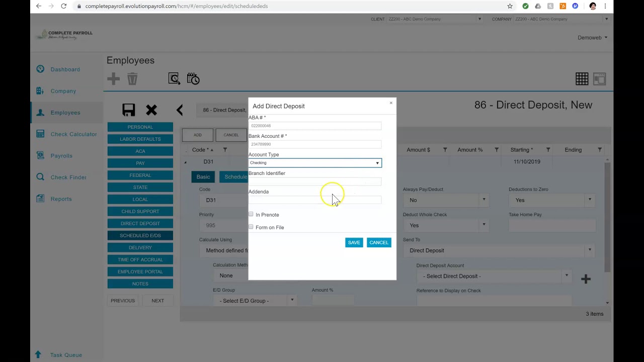 Setting Up Direct Deposit in Evolution Payroll 2019 - YouTube