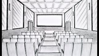 How to draw a room in one point perspective, a movie theater, step by step