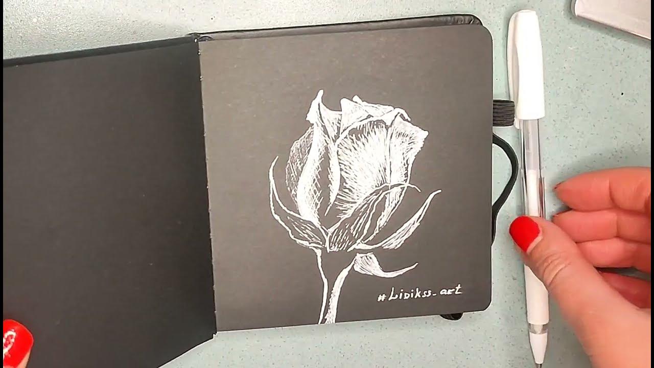 Рисунок розы ручкой. Белый рисунок на чёрной бумаге.🤍🖤 White drawing on ...