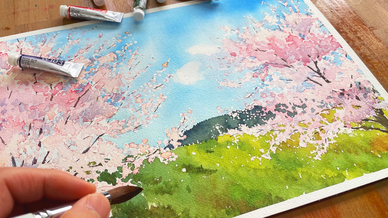 桜道 水彩絵の具使用です。 | nate-hospital.com
