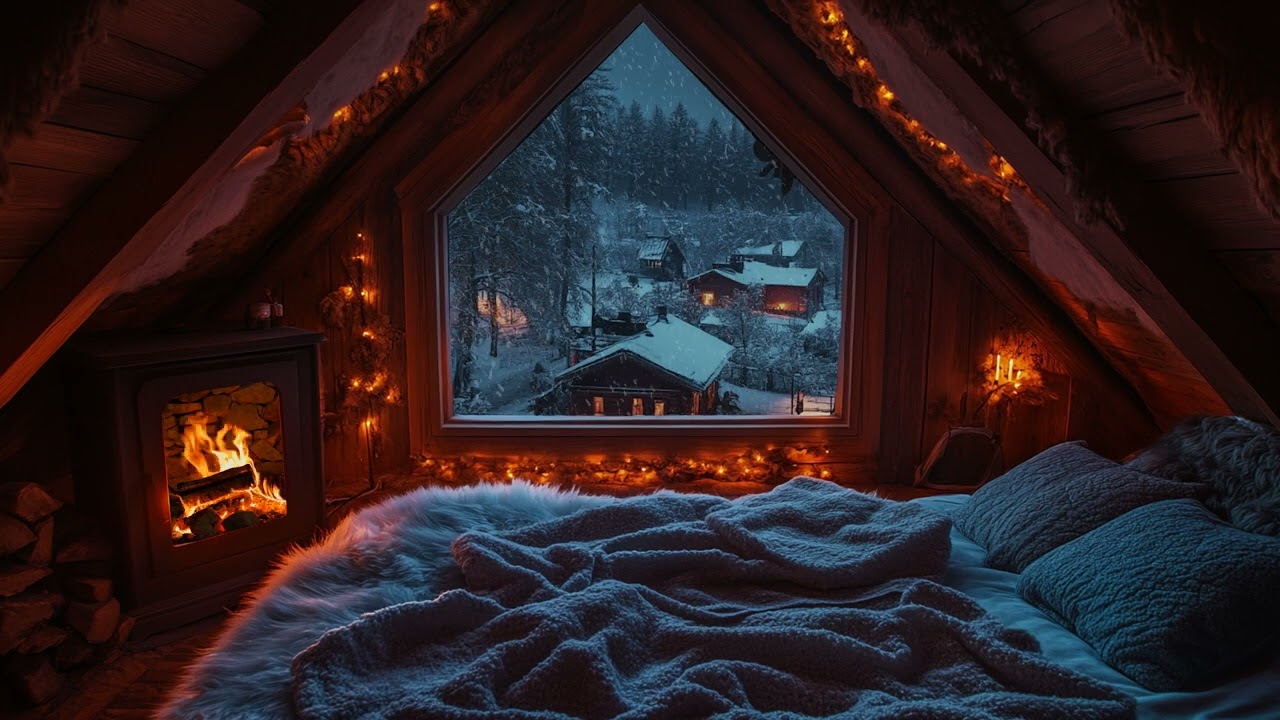 Serene Night: Cozy Bedroom with Snowfall and Fireplace Crackling Sounds for Perfect Relaxation ❄️🔥