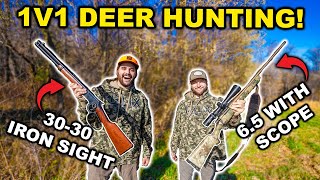 DOUBLE DEER DOWN! 1v1 DEER Hunting CHALLENGE!!! (IRON SIGHTS vs SCOPE) - Catch Clean Cook