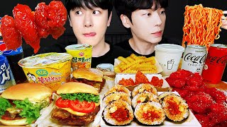 ASMR MUKBANG | FIRE NOODLES & Cheetos, Fried Chicken, burger, Cheese stick, Convenience store