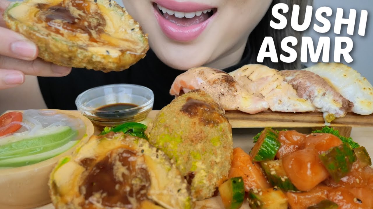 SUSHI *Volcano Avocado, Assorted Aburi Nigiris, Salmon Sashimi with Avocado Sunomono ASMR NO Talking