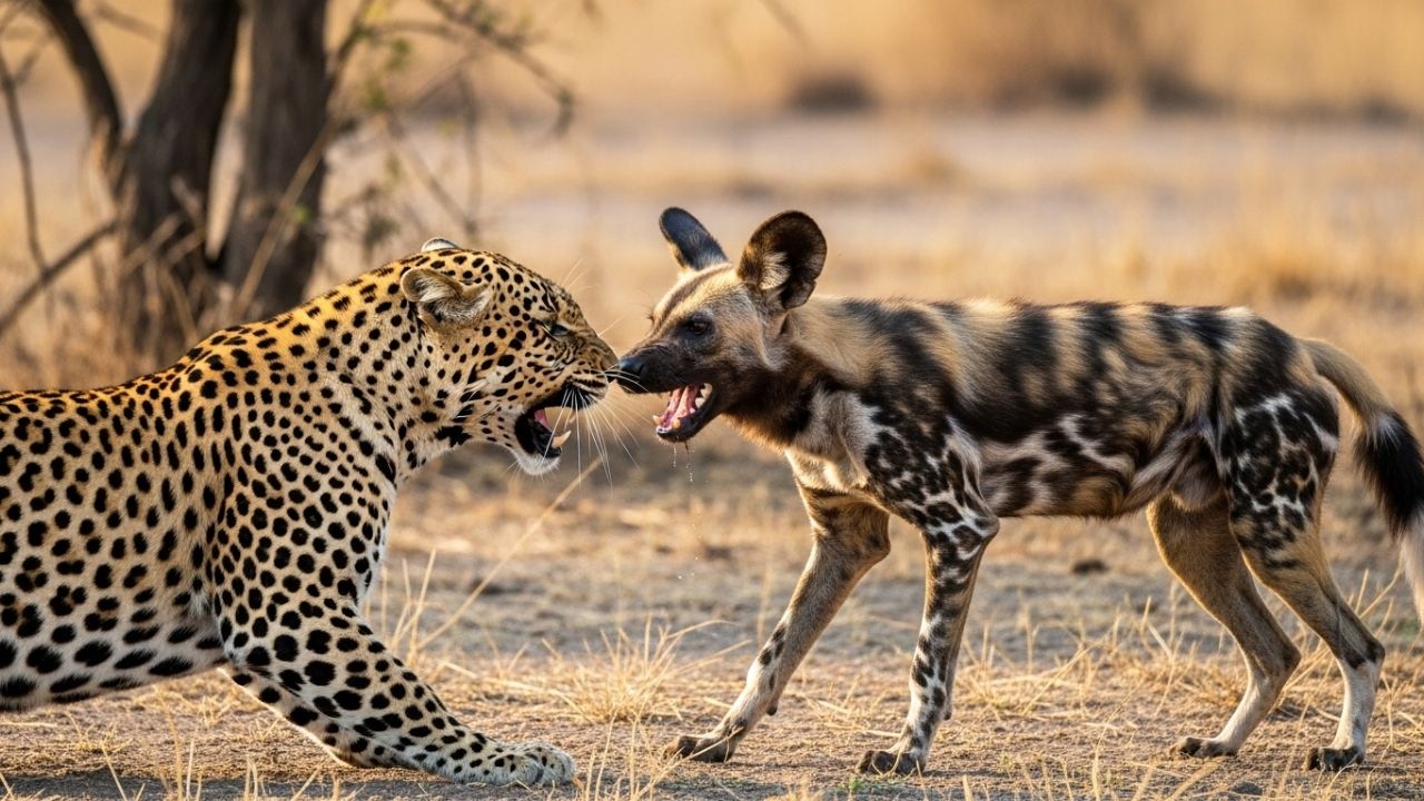 Leopard vs. African Wild Dog: A Deadly Encounter in the African Savanna