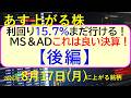 利回り15.7％まだ行ける！ＭＳ＆ＡＤこれは良い決算！ＳＯＭＰＯ増益。アシックス上方増配【後編】～あす上がる株　2026年８月１４日（金）に上がる銘柄。最新の日本株情報。高配当株の株価やデイトレ情報