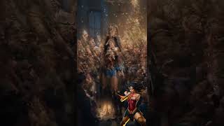 Wonder Woman is singing carols with a group of people. shorts wonderwoman