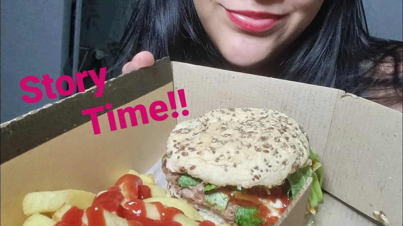 ASMR comiendo hamburguesa y papas fritas + Story time 