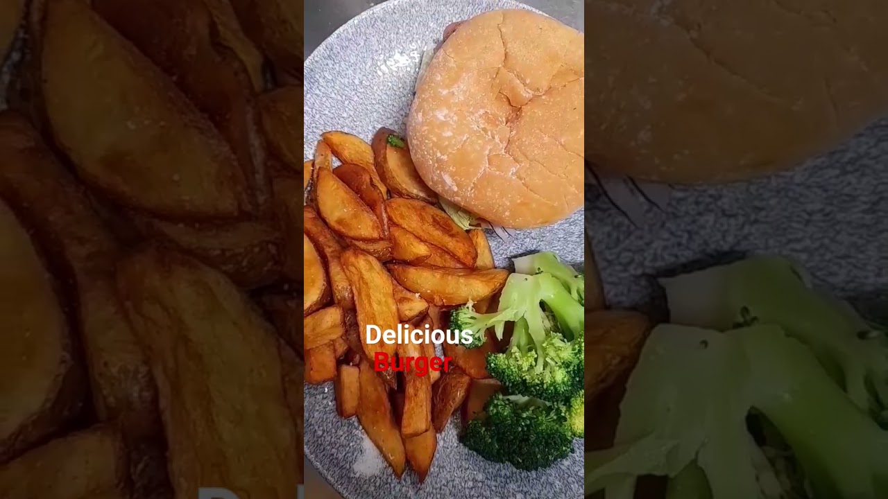 My delicious burger lunch with broccoli, ice cream, and coffee. 
