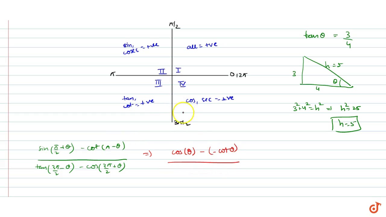 If Tan Theta 3 4 And Theta Is Not In First Quadrant Then Sin Pi 2 Theta Cot Pi Theta Youtube