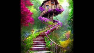 Stable Diffusion CRAZY Interpolation - Castle to Treehouse with Staircase Surrounded by Flowers