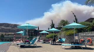 Rhodes forest fire seen from Lindos resort.