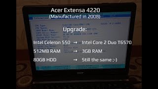 Acer Extensa 4220 (Core 2 Duo T6570), a 15 years old laptop running Arch Linux