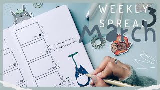 ❸ March WEEKLY SPREAD! ASMR Bullet Journal Setup ⋆🌱˖ (Totoro Art, Ghibli, Relaxing, Minimal Music)